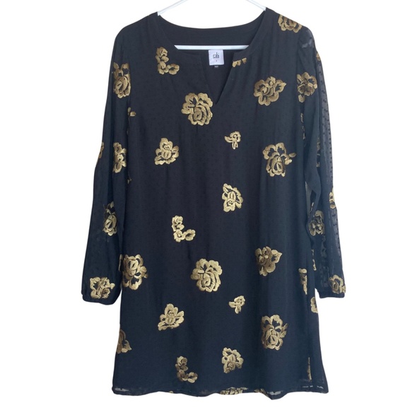 Cabi Black Dress Shift The Occasion Gold Floral Embroidered Swiss Dot Sz S - Picture 2 of 9